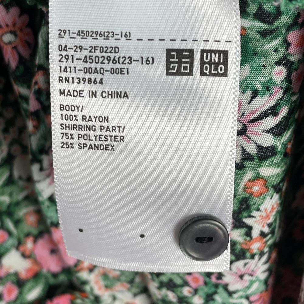 Uniqlo Dress Womens Small Green Floral V Neck Fit Flare Long Sleeve Pockets - Picture 4 of 11